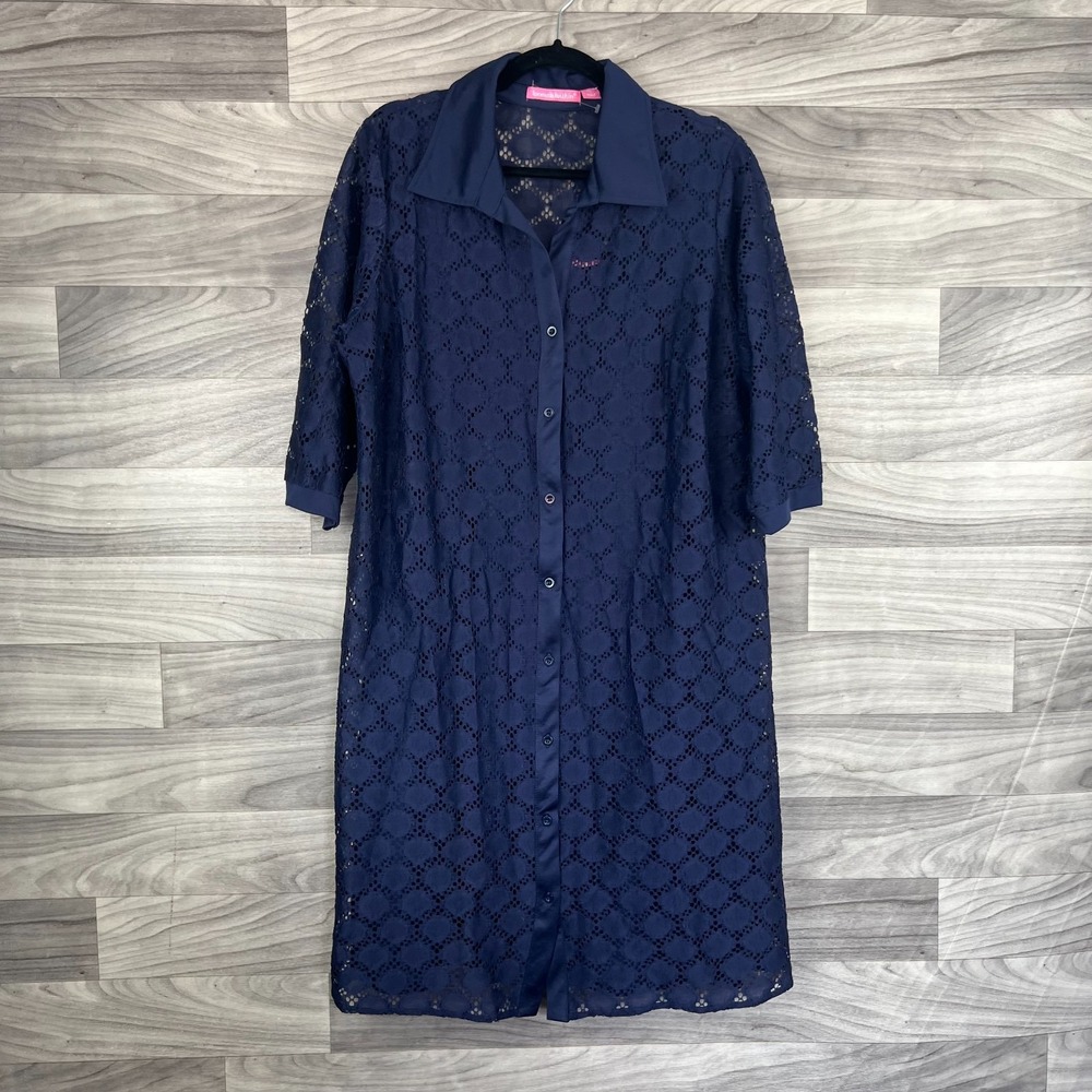 Woman Within Shirt Dress Women's 18/20 Large Navy Blue Eyelet Lace Button-Front